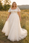 Ivory Plus Size Square Neck Lace A-Line Wedding Dress with Short Sleeves and Tulle Skirt front view