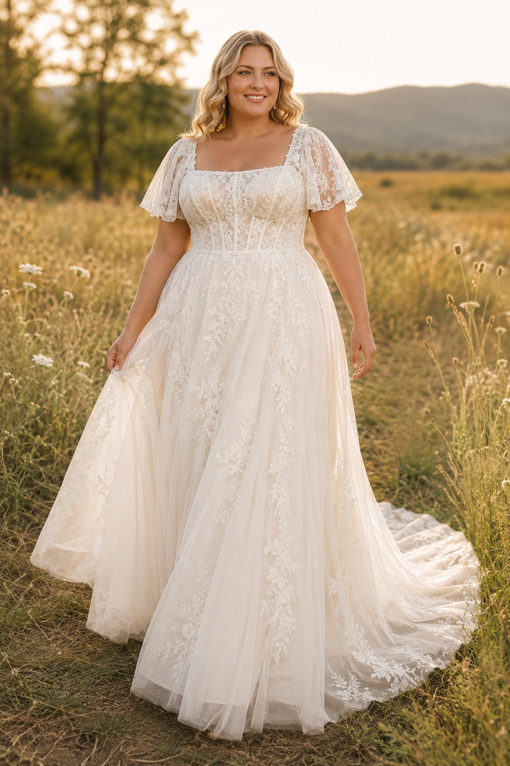 Ivory Plus Size Square Neck Lace A-Line Wedding Dress with Short Sleeves and Tulle Skirt front view