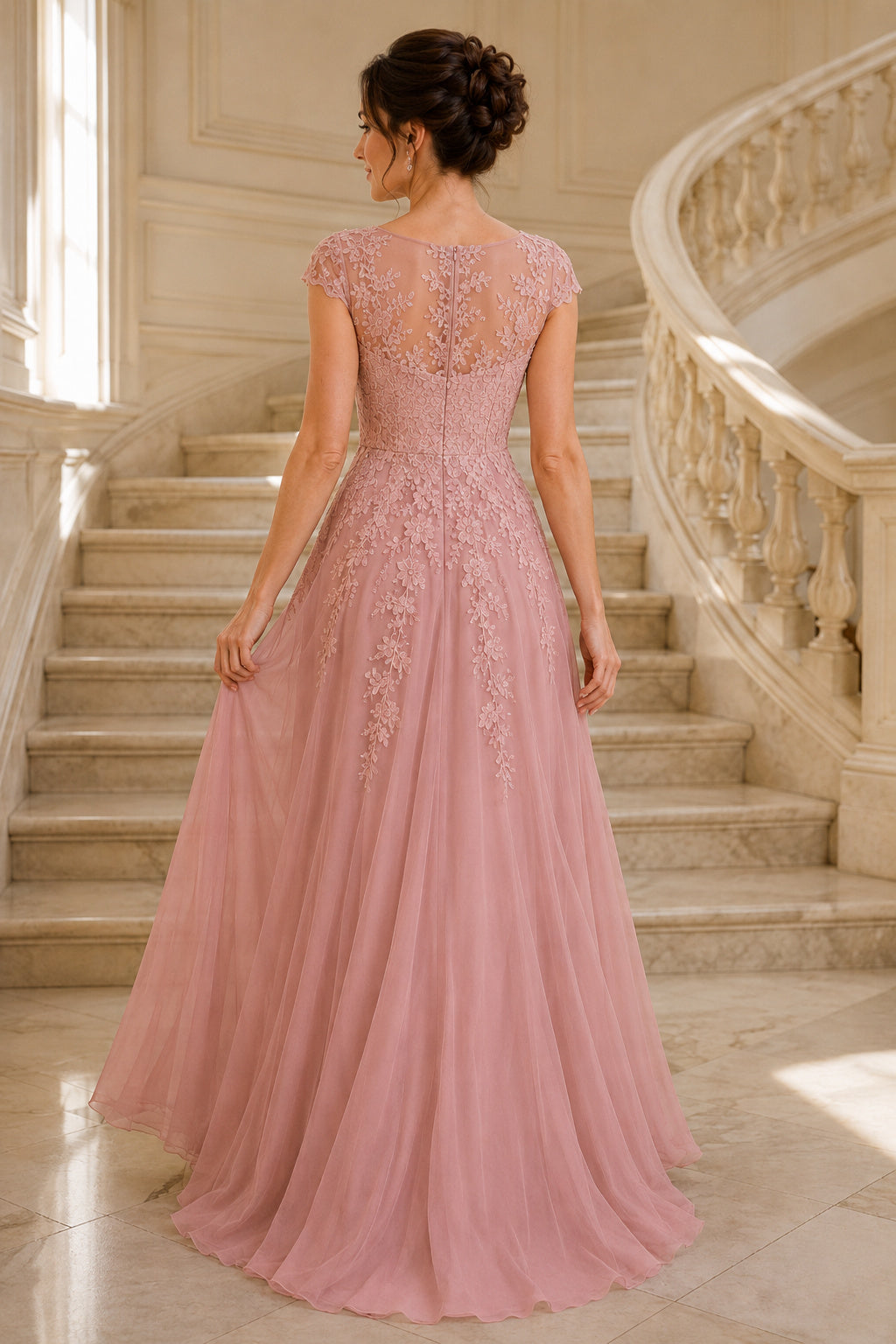 Dusty Rose Cap Sleeve Tulle A-Line Mother Dress Lace Applique for Mother and Formal Events back view