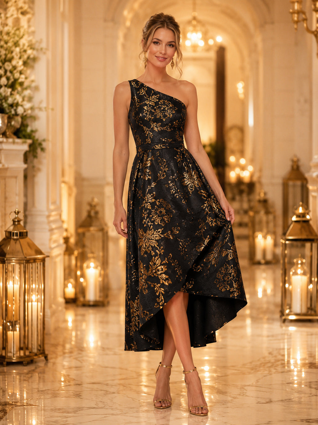 Black Gold One Shoulder Brocade High Low Guest Dress front view