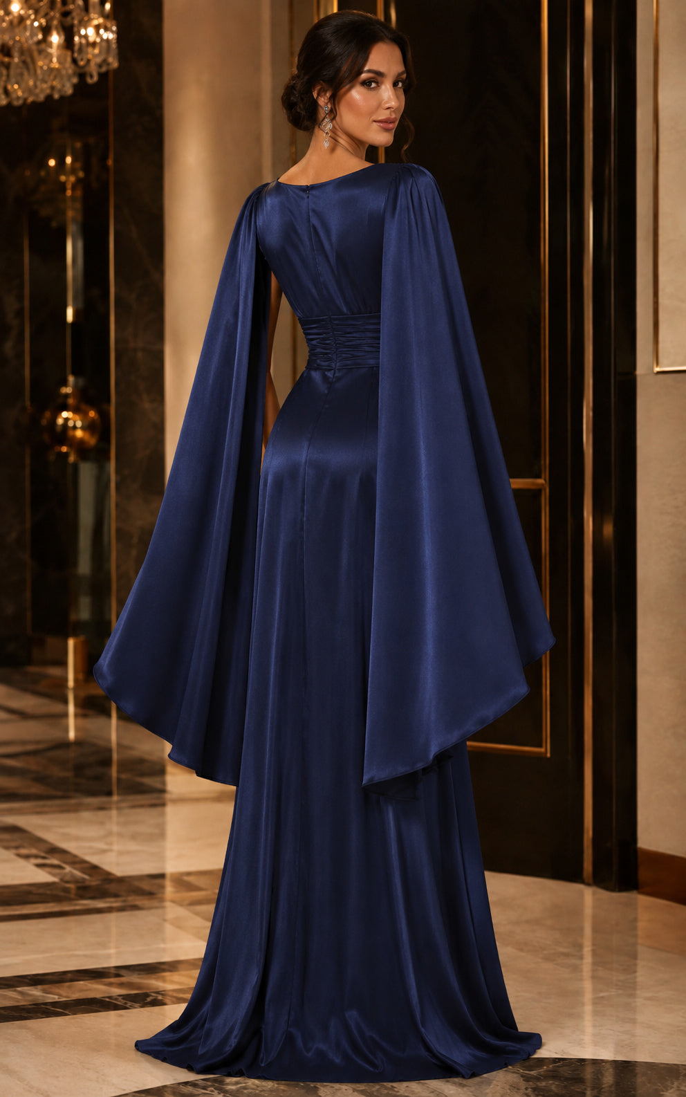 Navy Blue Satin Evening Dress with Cape Sleeves and Ruched Waist back view