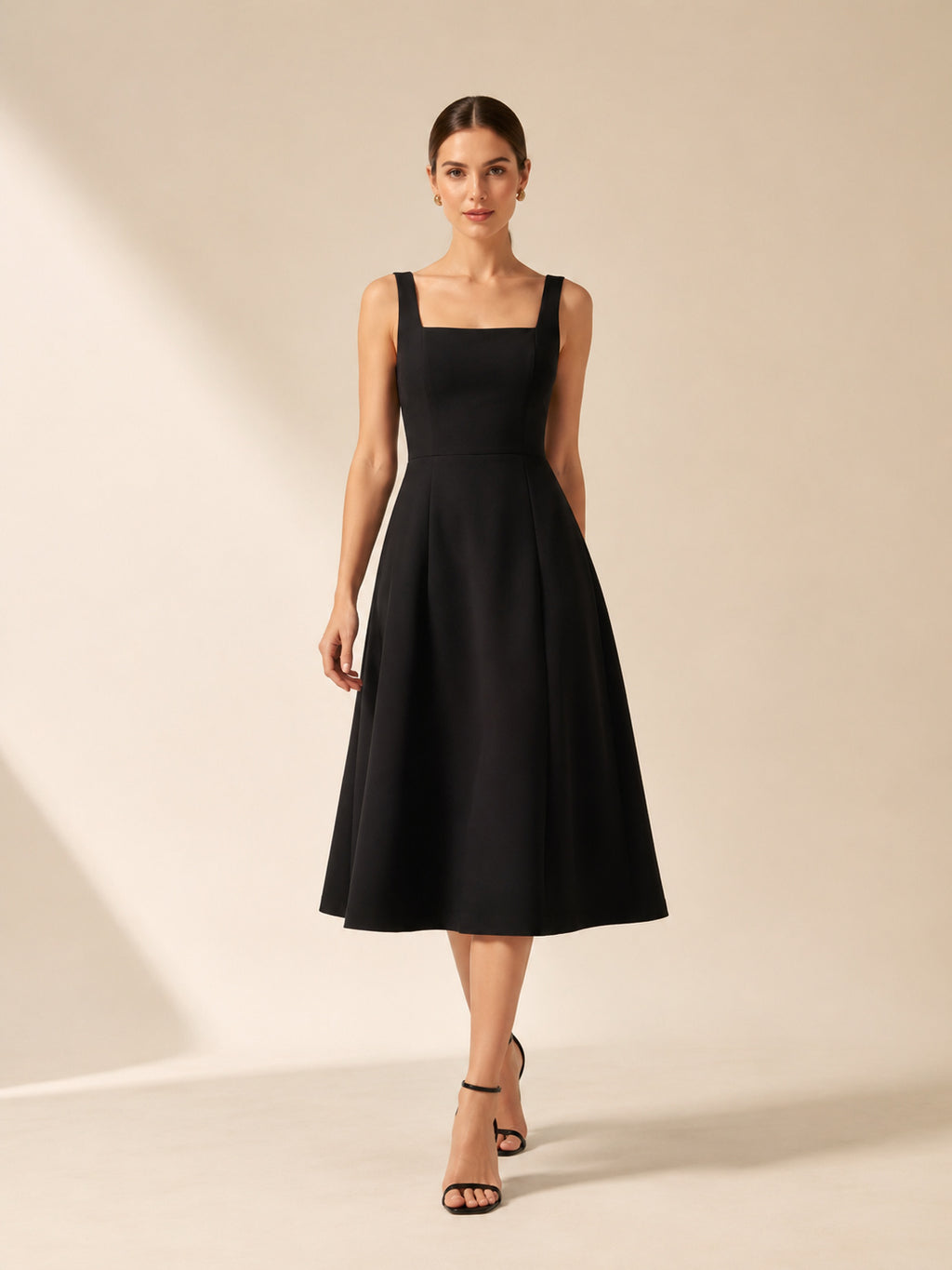 Black Square Neck Strap Minimalist A Line Midi Dress front view