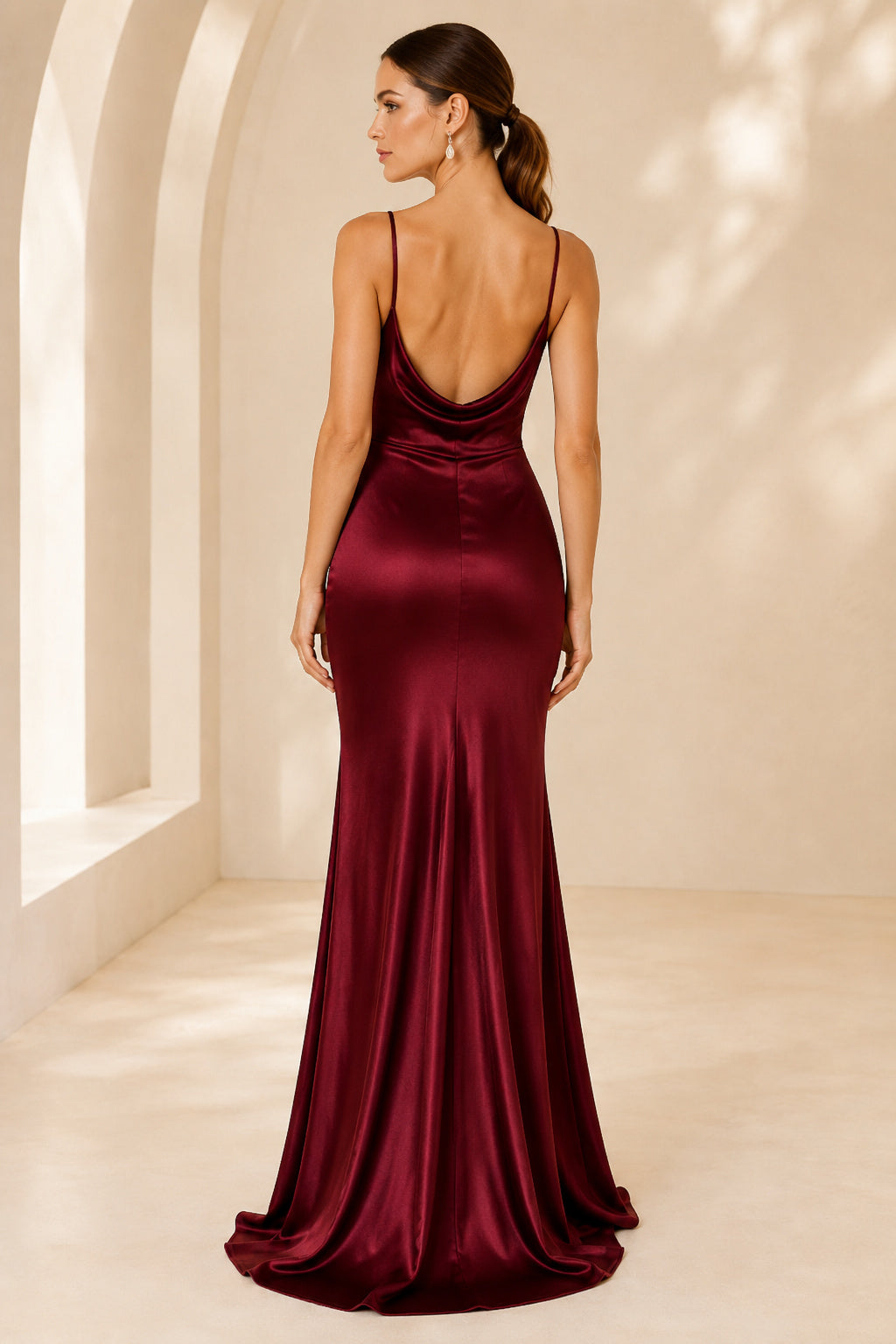 Burgundy Spaghetti Strap Burgundy Cowl Satin Sheath Dress Floor Length Sheath Bridesmaid Dress back view