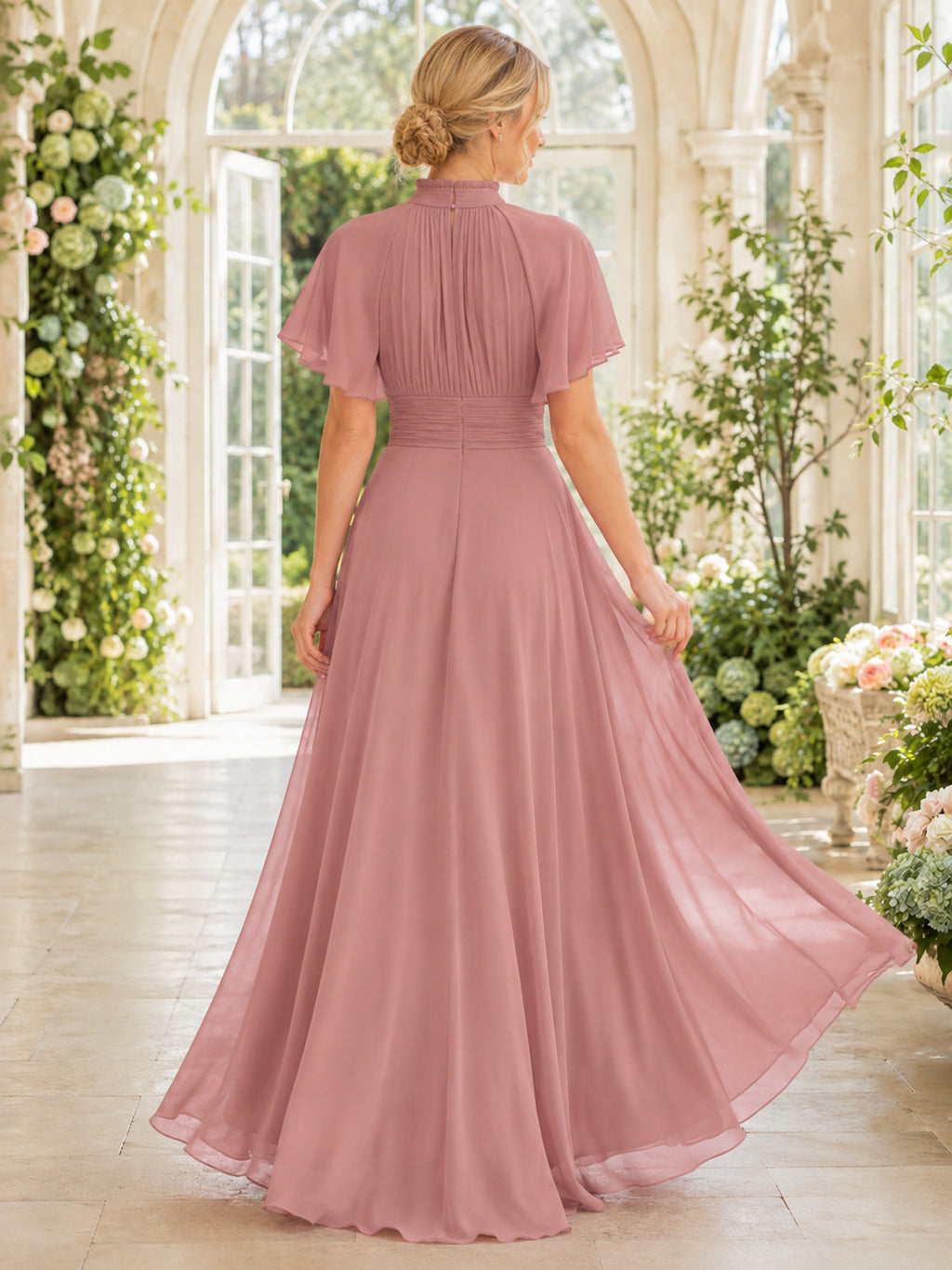 Dusty Rose High Neck Flutter Sleeve Chiffon Formal Dress back view