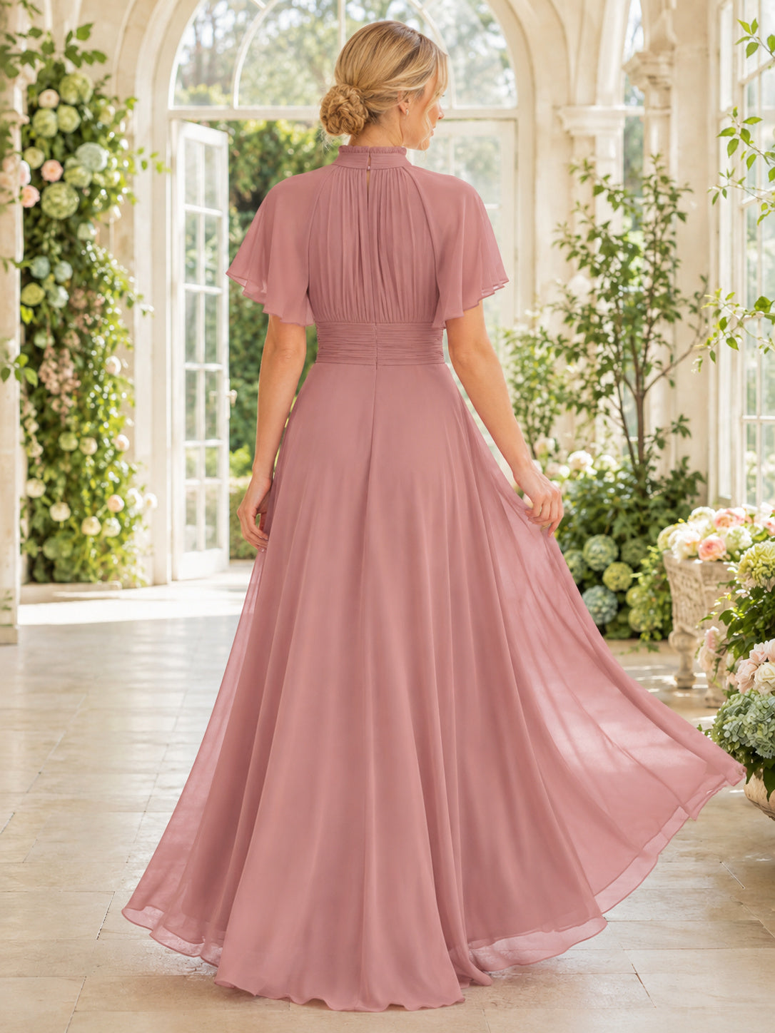 Dusty Rose High Neck Flutter Sleeve Chiffon Formal Dress back view