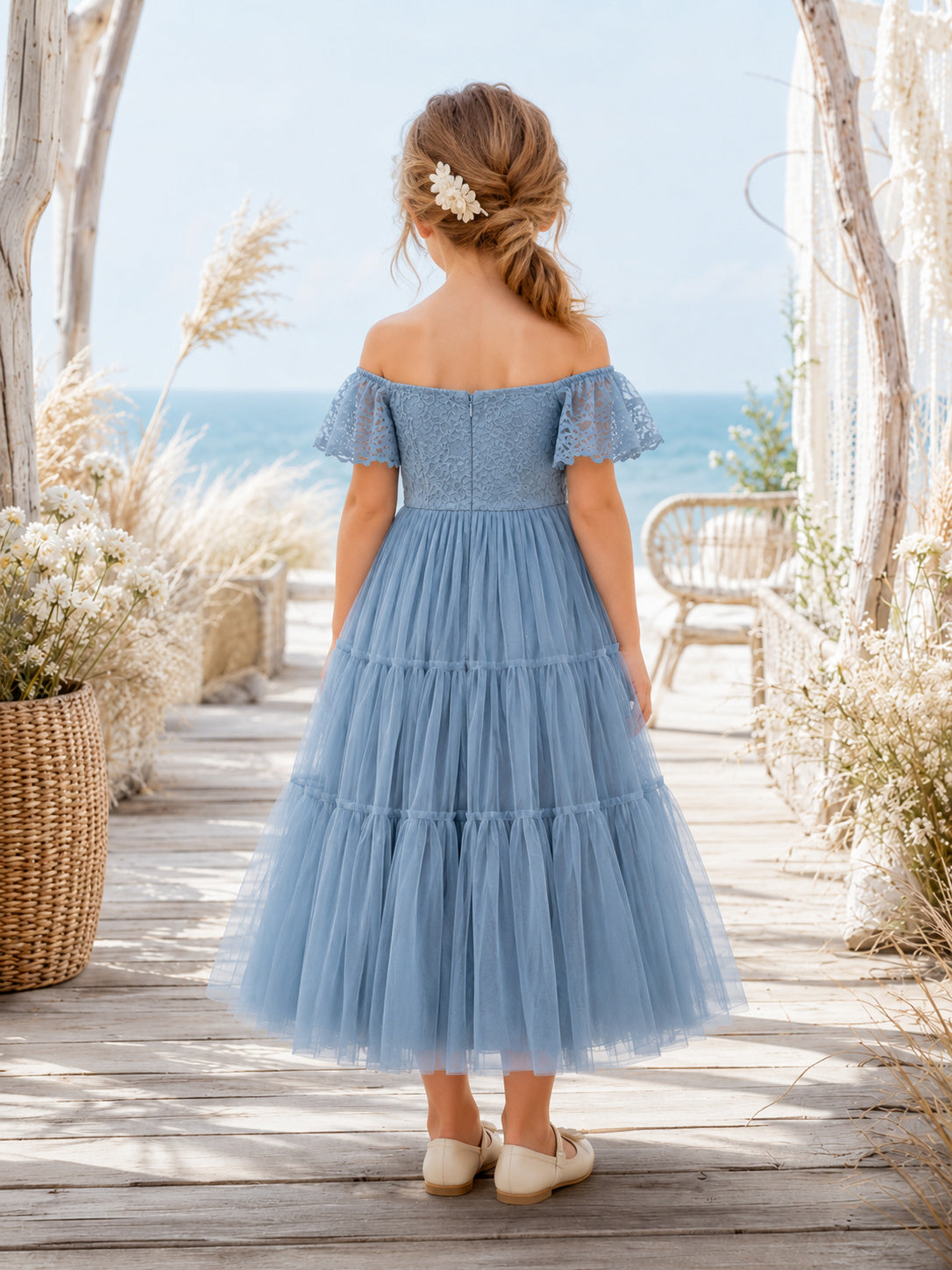 Steel Blue Flower Girl A-Line Tulle Off Shoulder Tiered Ruffle Tea-Length Party Dress back view