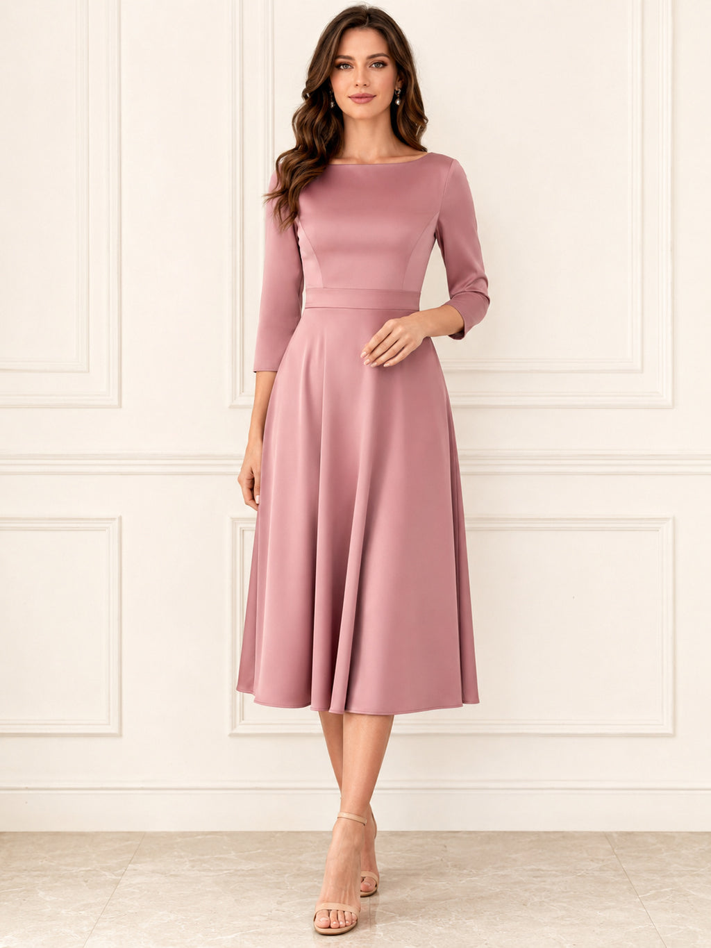 Dusty Rose Modest Bateau Neck Three Quarter Sleeve Satin Midi A Line Dress front view