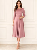 Dusty Rose Modest Bateau Neck Three Quarter Sleeve Satin Midi A Line Dress front view