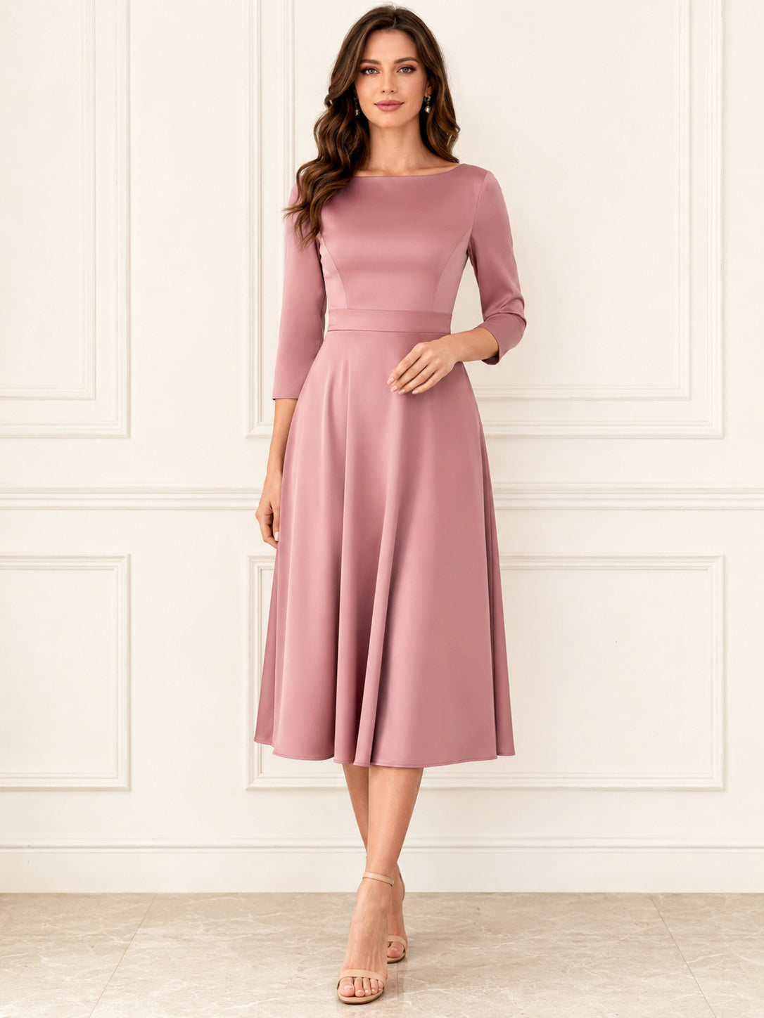 Dusty Rose Modest Bateau Neck Three Quarter Sleeve Satin Midi A Line Dress front view