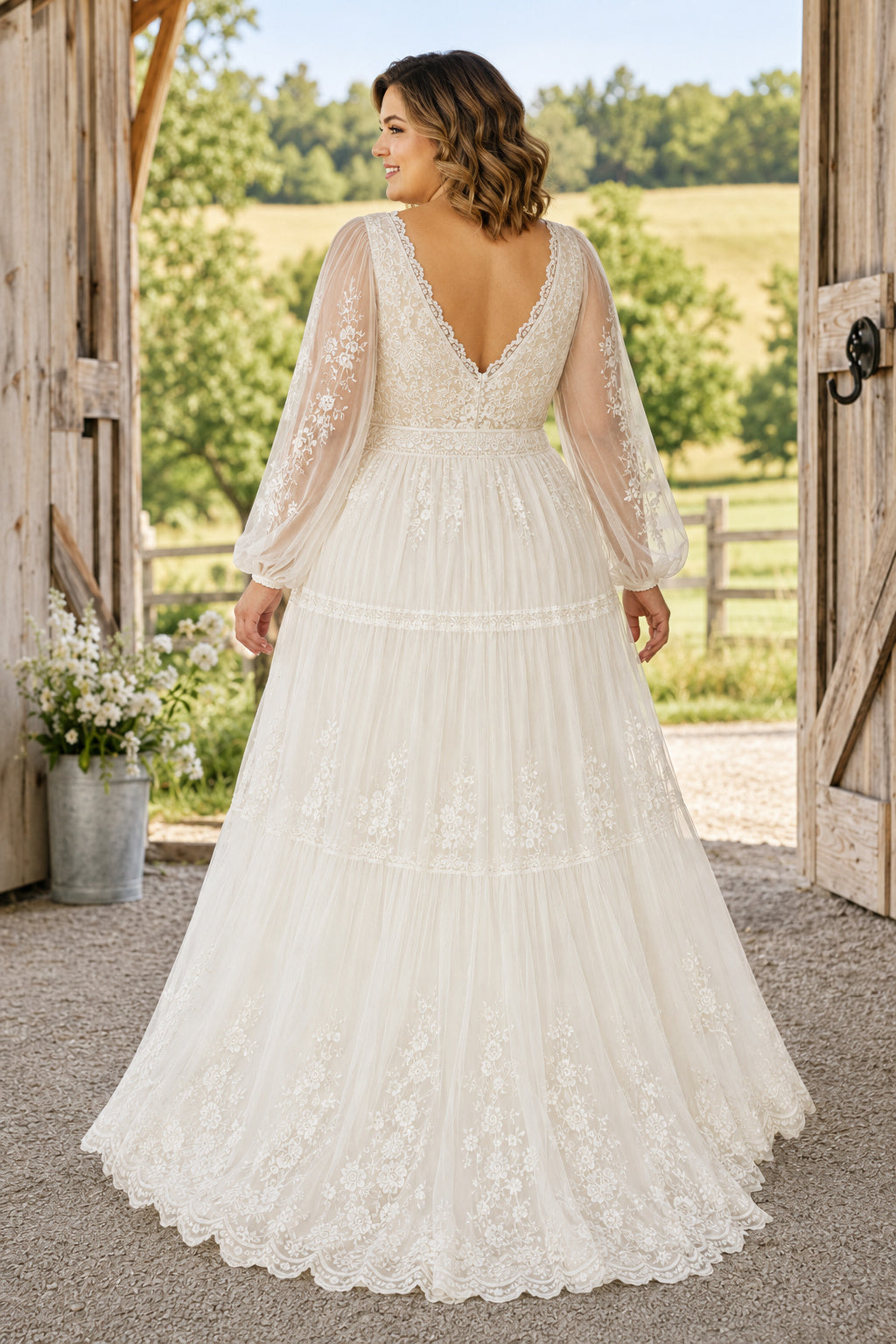 Plus Size Ivory V-Neck Bishop Sleeve Lace Tulle A-Line Wedding Dress with Tiered Skirt and Lace Bishop Sleeves back view