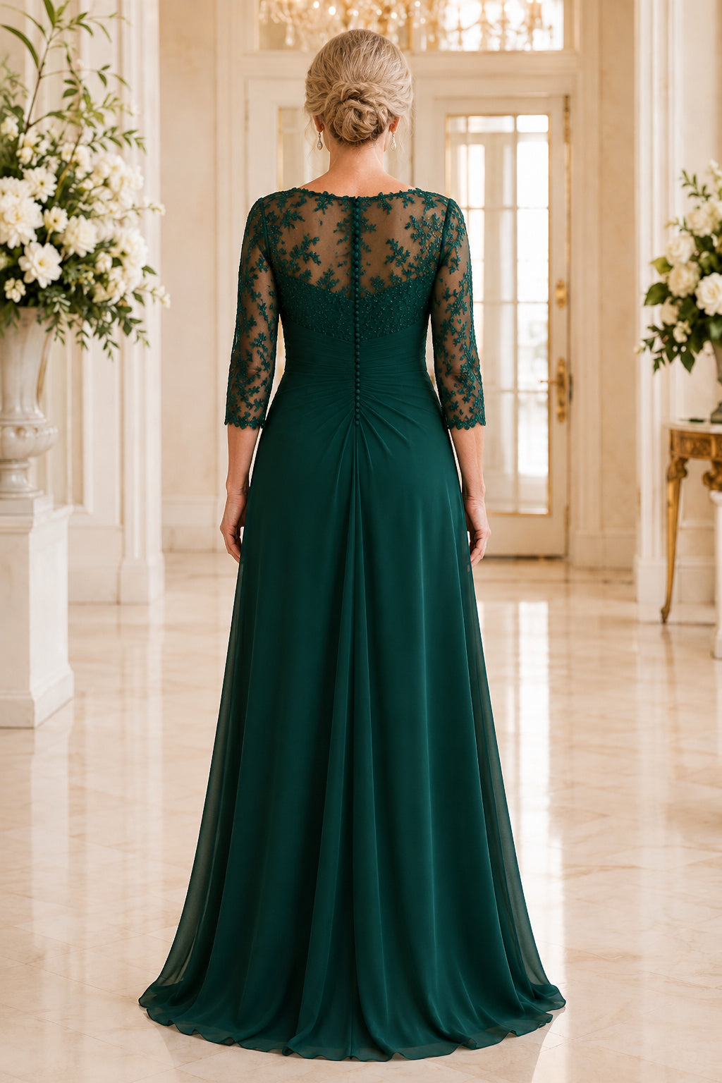 Dark Green Chiffon A-Line Mother Dress with Lace Illusion Three Quarter Sleeves back view