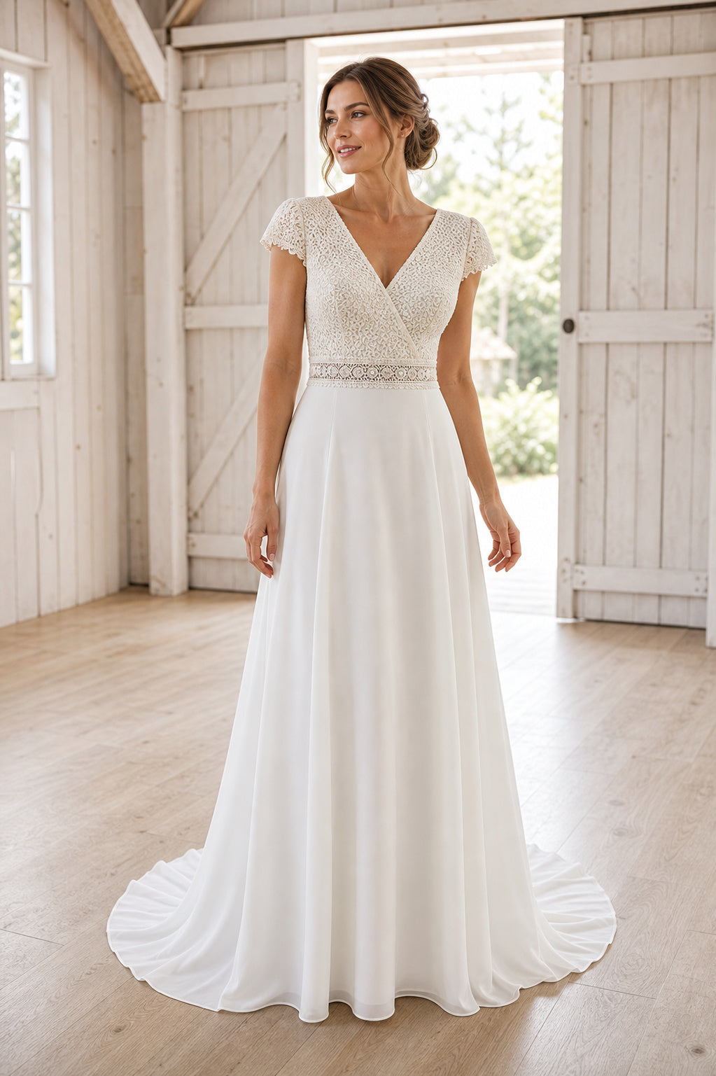 White Square A-Line Chiffon Floor-length Wedding Dress With Front Slit and Beaded Waist and Open Back