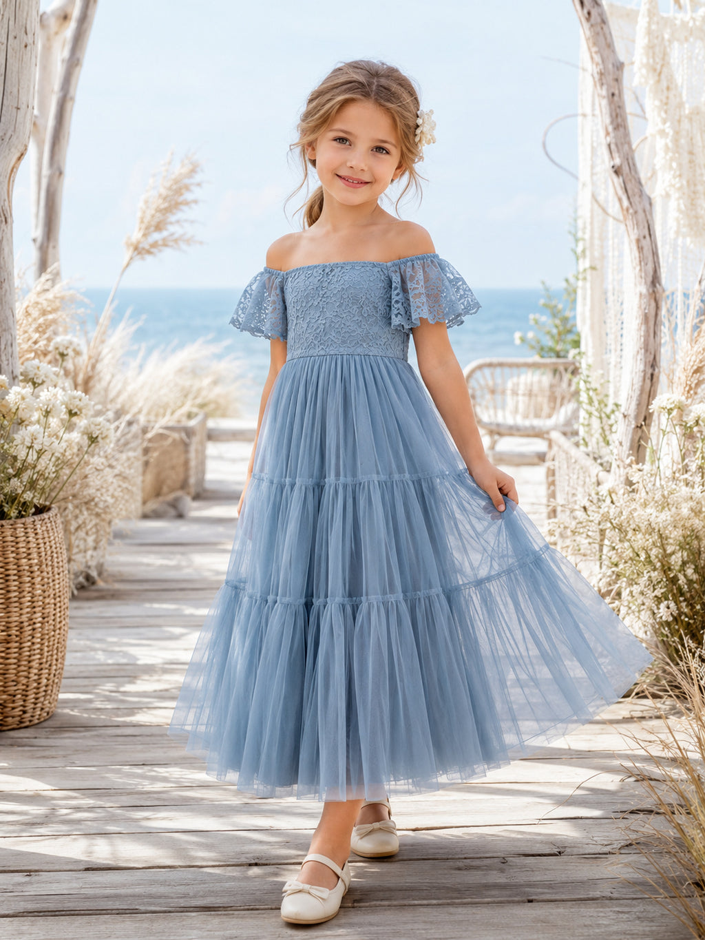 Steel Blue Flower Girl A-Line Tulle Off Shoulder Tiered Ruffle Tea-Length Party Dress front view