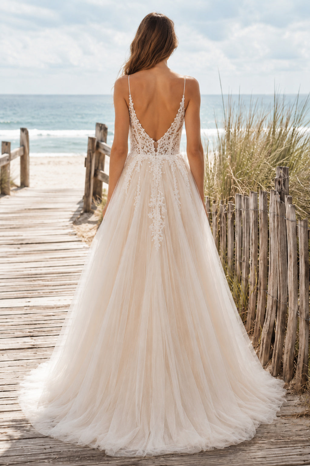 Ivory Spaghetti V-Neck Lace Tulle A-Line Wedding Dress Low Back for Bridal Ceremony and Reception back view