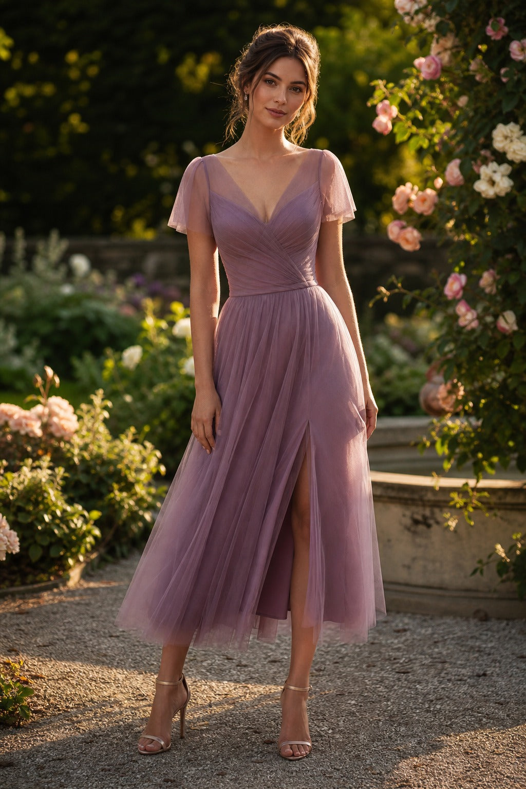 Mauve V-Neck Tea-Length Tulle A-Line Dress