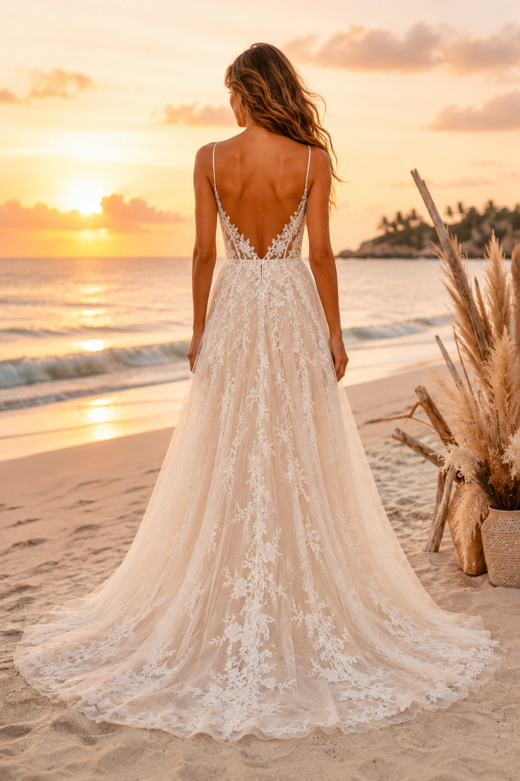 Ivory Spaghetti V-Neck Lace Tulle A-Line Wedding Dress Split Train for Bridal Ceremony and Reception back view