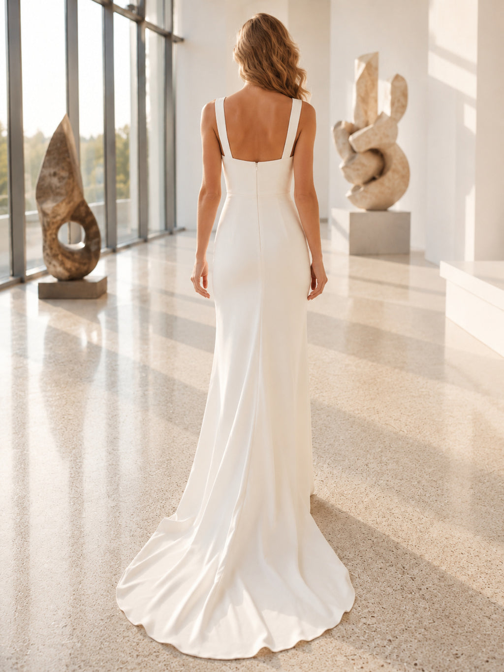 Square Neck Crepe Column Dress Modern Gallery Bridal Gown back view