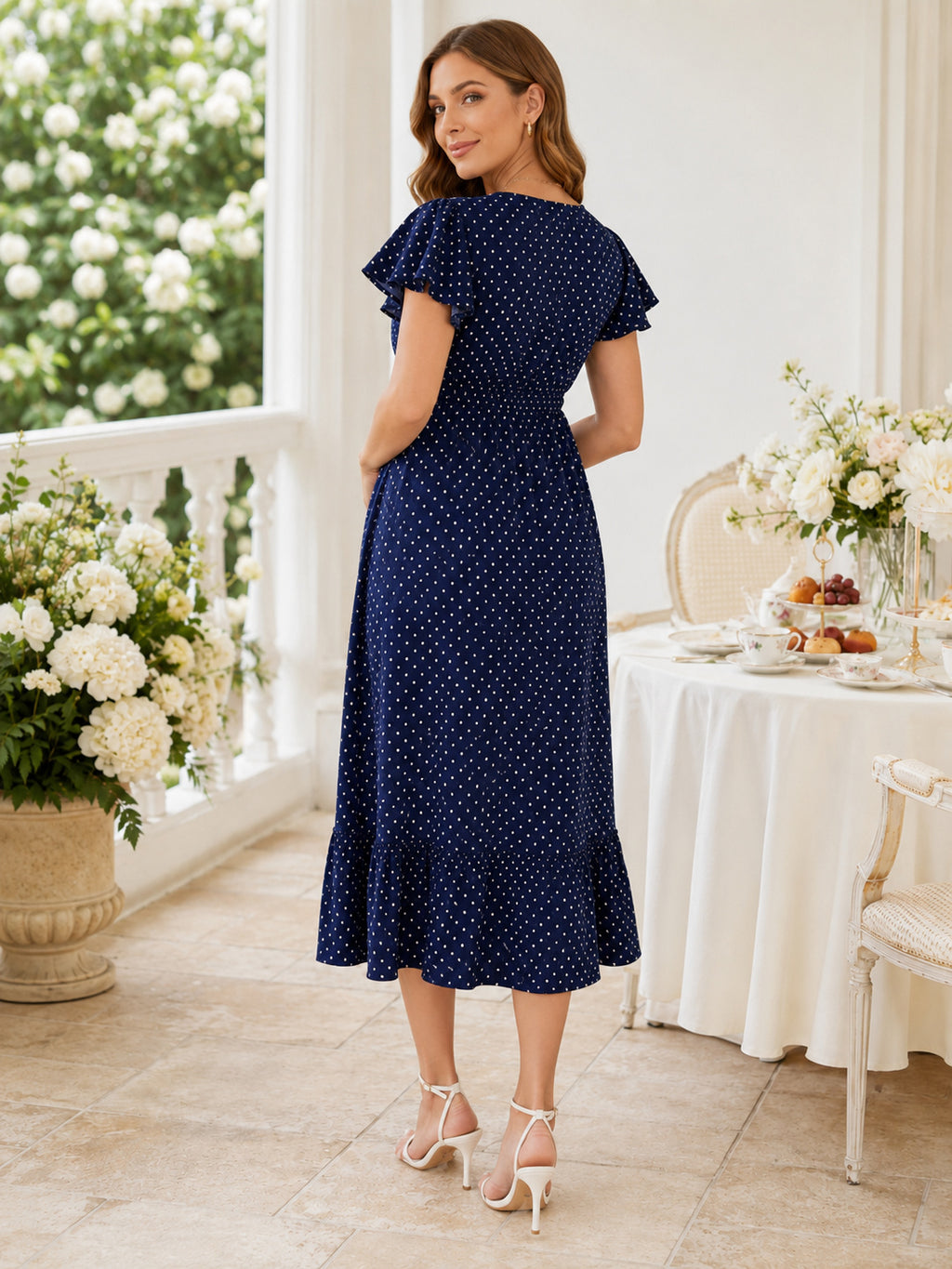 Dark Navy Polka Dot Maternity V Neck Flutter Sleeve A-Line Tea Length Brunch Dress back view