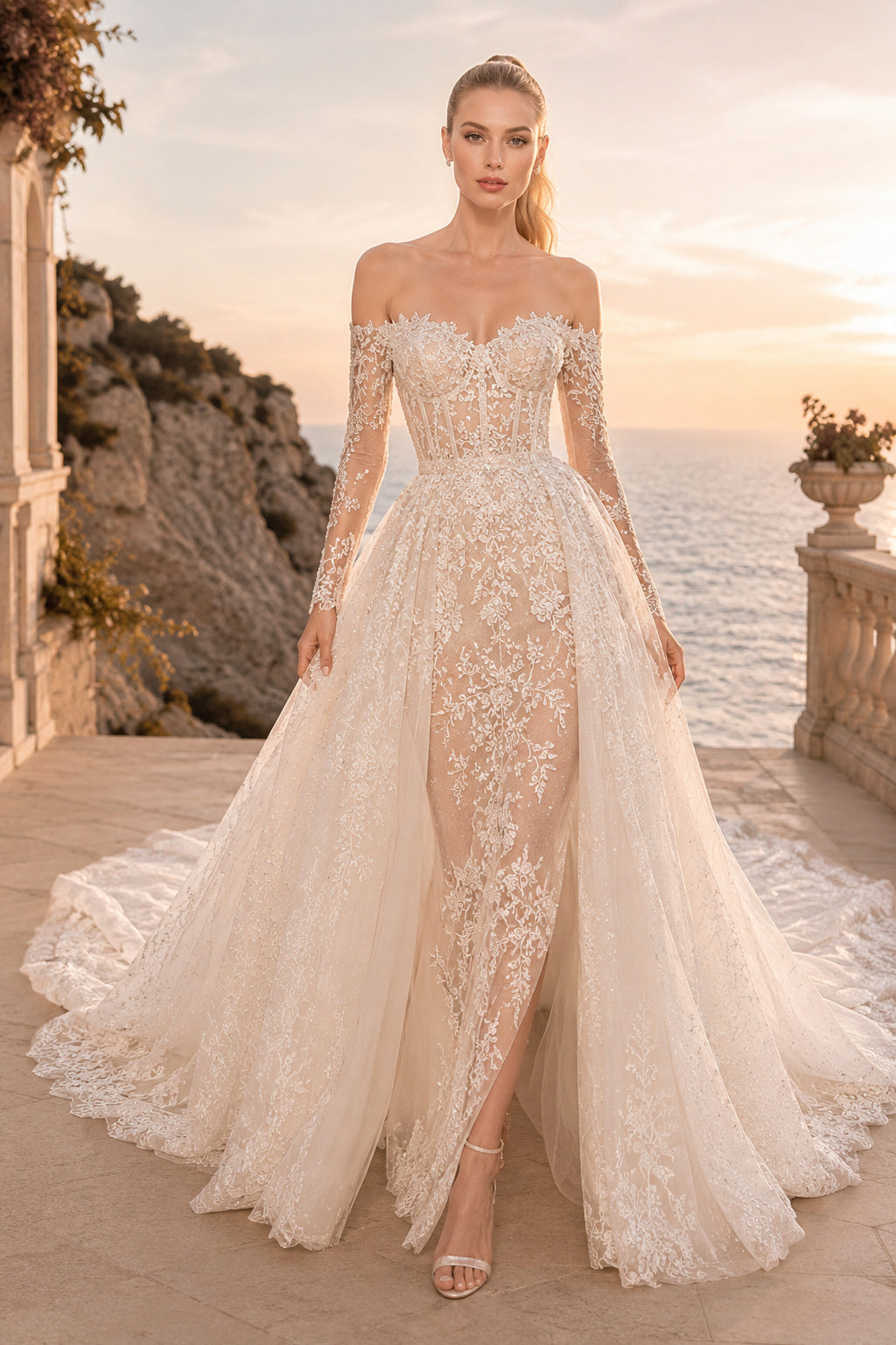 Off-the-Shoulder Lace Sheath Wedding Dress with Tulle Overskirt front view
