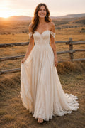 Off the Shoulder A-Line Wedding Dress with Lace Applique Bodice and Full Train for Beach Garden Ceremony front view