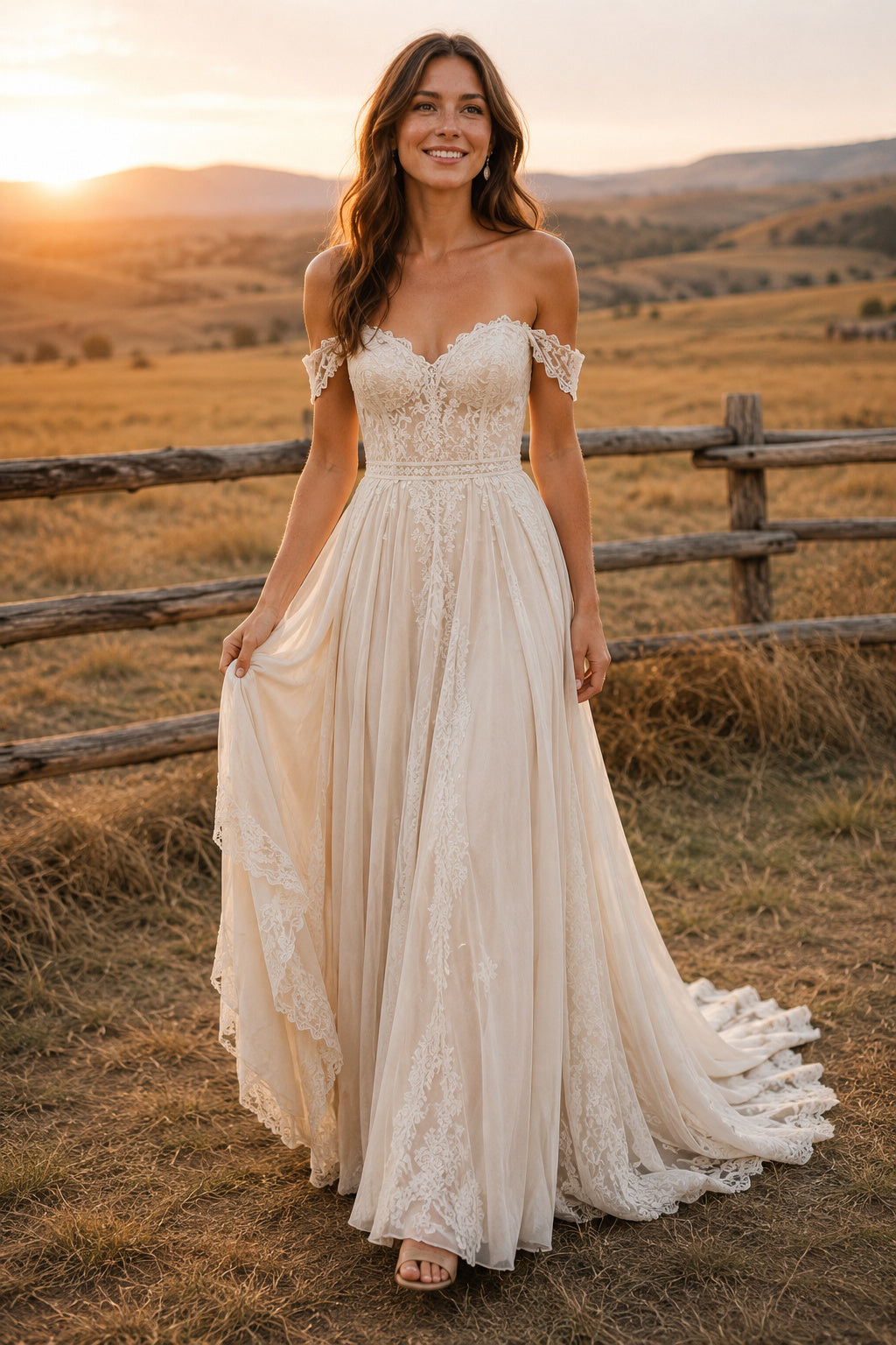 Off the Shoulder A-Line Wedding Dress with Lace Applique Bodice and Full Train for Beach Garden Ceremony front view