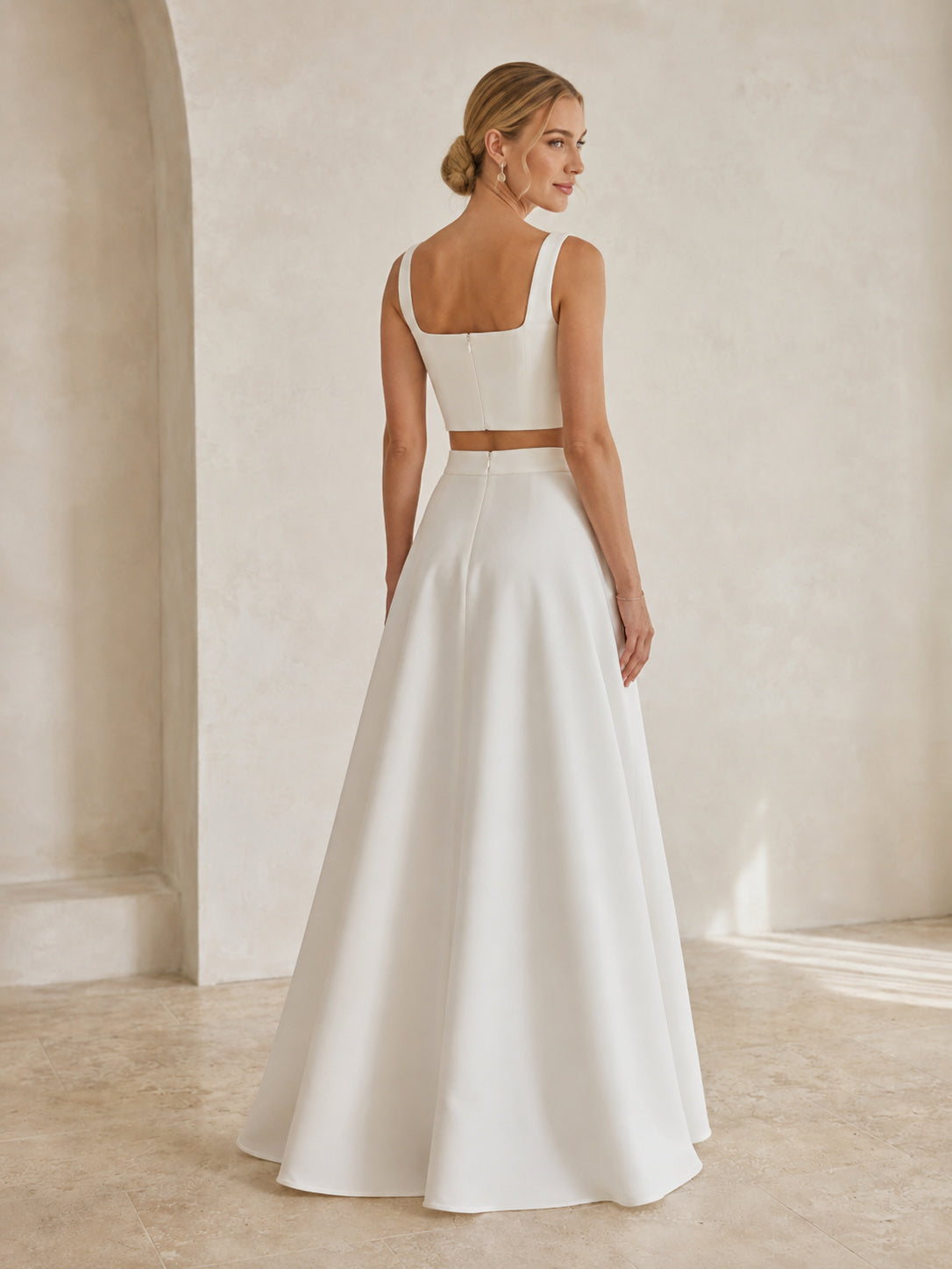 Minimal Bridal Two Piece Square Neck Straps Satin A-Line Floor Wedding Outfit back view