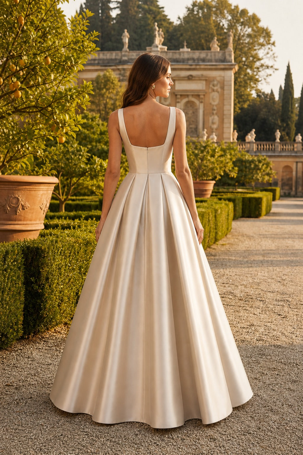 Ivory Square Neck Floor-Length Satin A-Line Dress