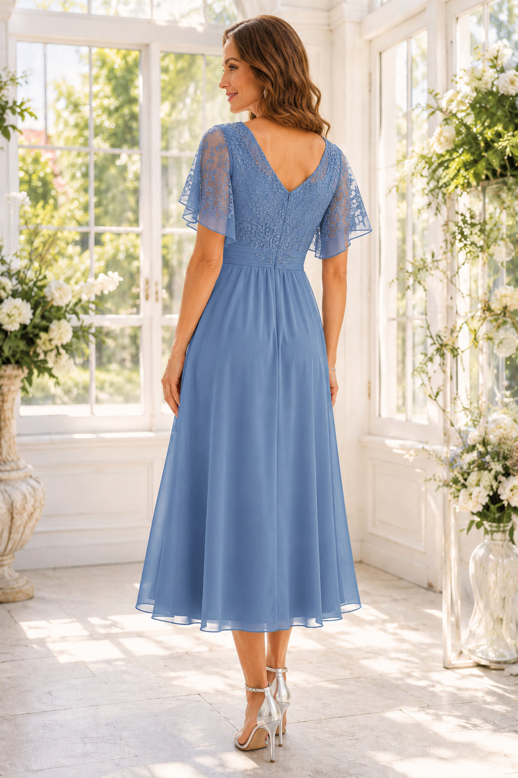 Steel Blue Dusty Blue Wedding Guest Sheath Dress Style MG_301568 back view