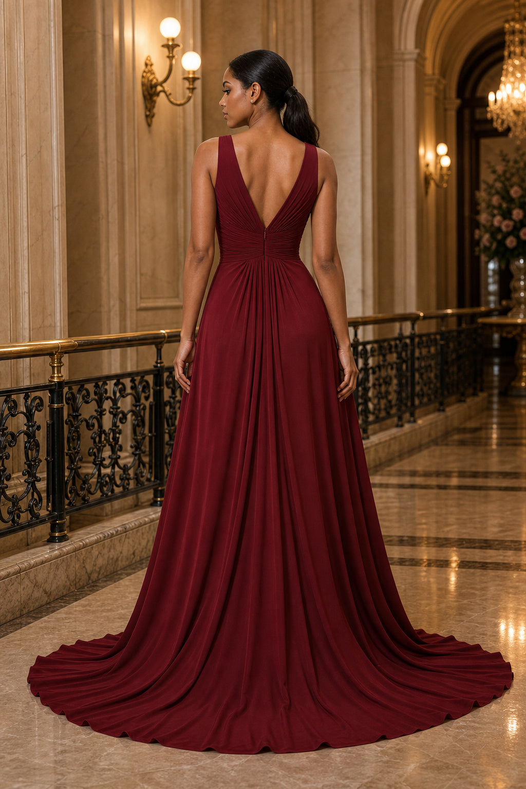 V-neck Sleeveless A-Line Chiffon Floor-Length Dress With Pleated Bodice