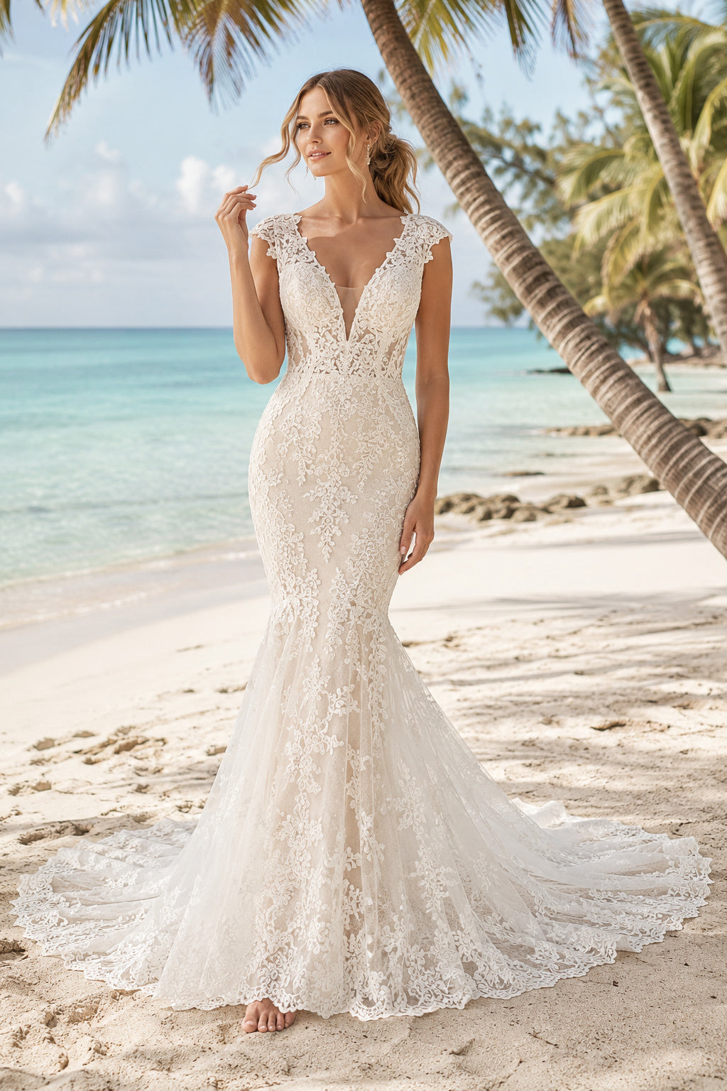 Ivory Strap V-Neck Lace Mermaid Wedding Dress Chapel Train for Bridal Ceremony and Reception front view