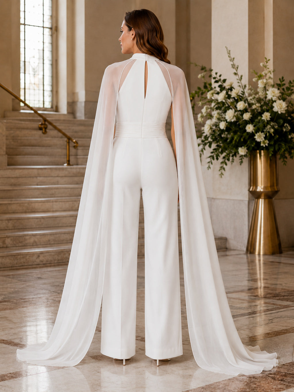 High Neck Keyhole Chiffon Cape Wide Leg Civil Wedding Jumpsuit back view