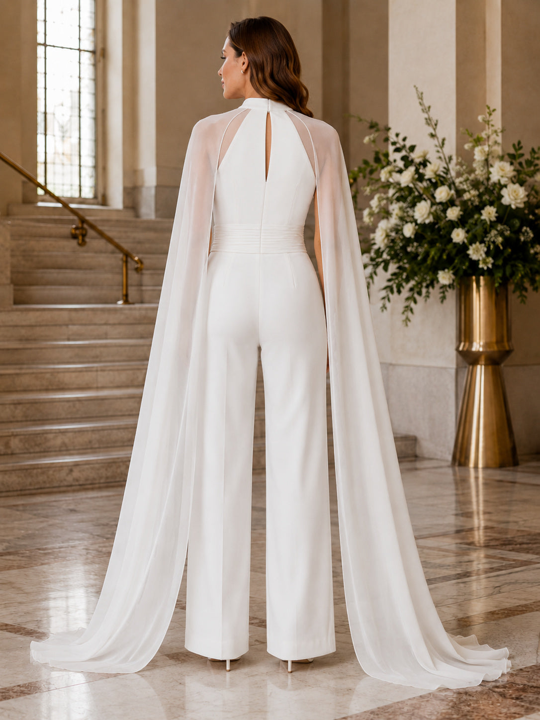 High Neck Keyhole Chiffon Cape Wide Leg Civil Wedding Jumpsuit back view