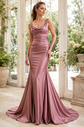 Evening Gown Mauve Satin Mermaid Cowl Neck Sleeveless with Slit Sweep Train front view