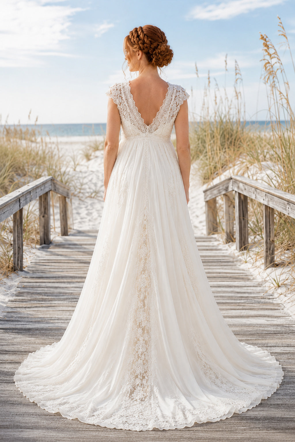 Ivory Maternity Deep V Cap Sleeve Lace A-Line Wedding Dress with Sheer Train back view