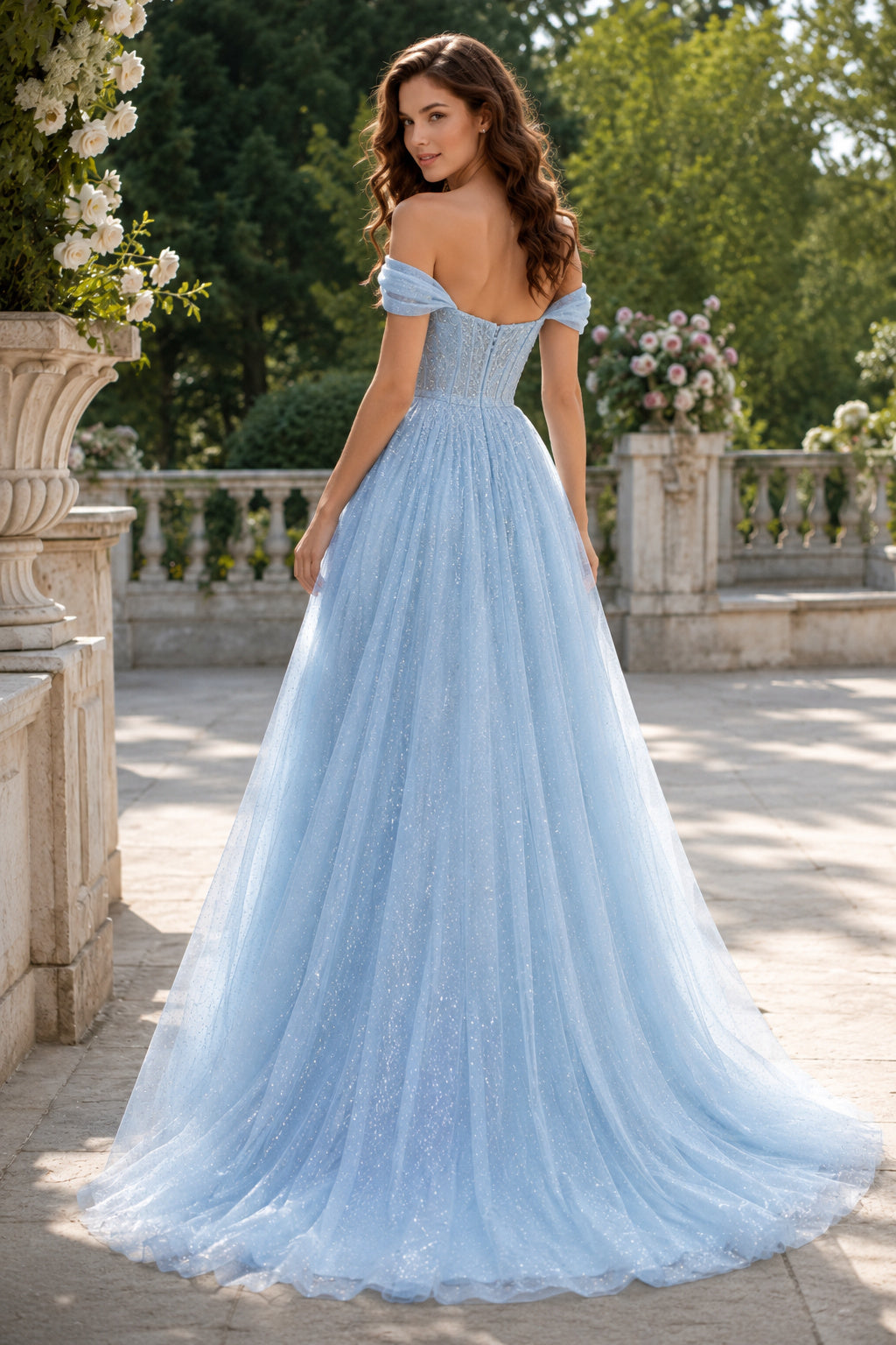 Sky Blue Off the Shoulder Tulle Ball Gown with Side Slit and Full Skirt Floor Length And Sweep/Brush Train Ball Gown Prom Dre