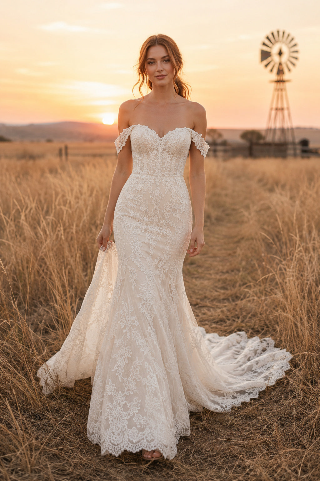 Off the Shoulder Mermaid Wedding Dress with Sweetheart Lace Bodice and Sweep Train front view