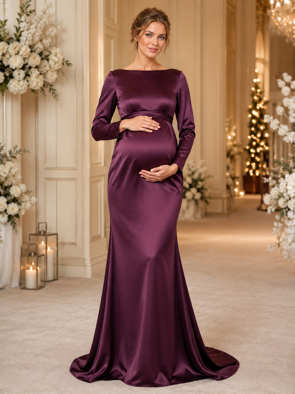 Plum Bateau Neck Long Sleeve Satin Mermaid Sweep Maternity Guest Gown front view