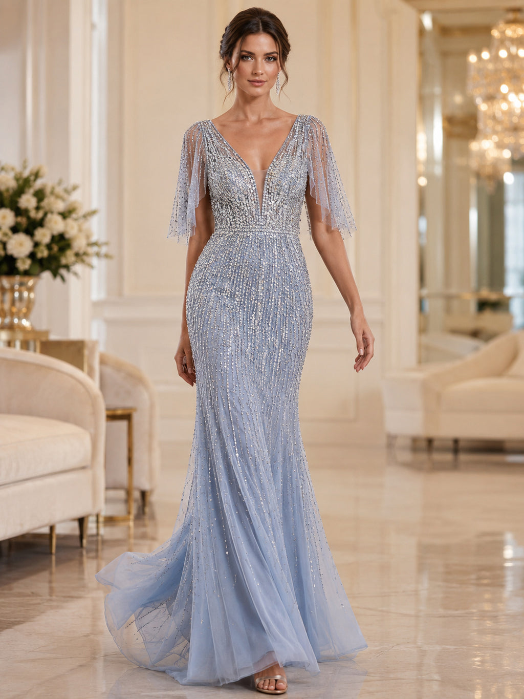 Sky Blue V Neck Beaded Cape Sleeve Mermaid Evening Guest Gown front view