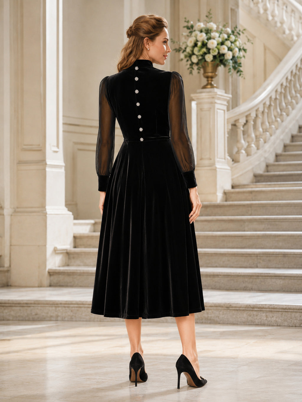 Black High Neck Sheer Puff Sleeve Button Velvet Guest Dress back view