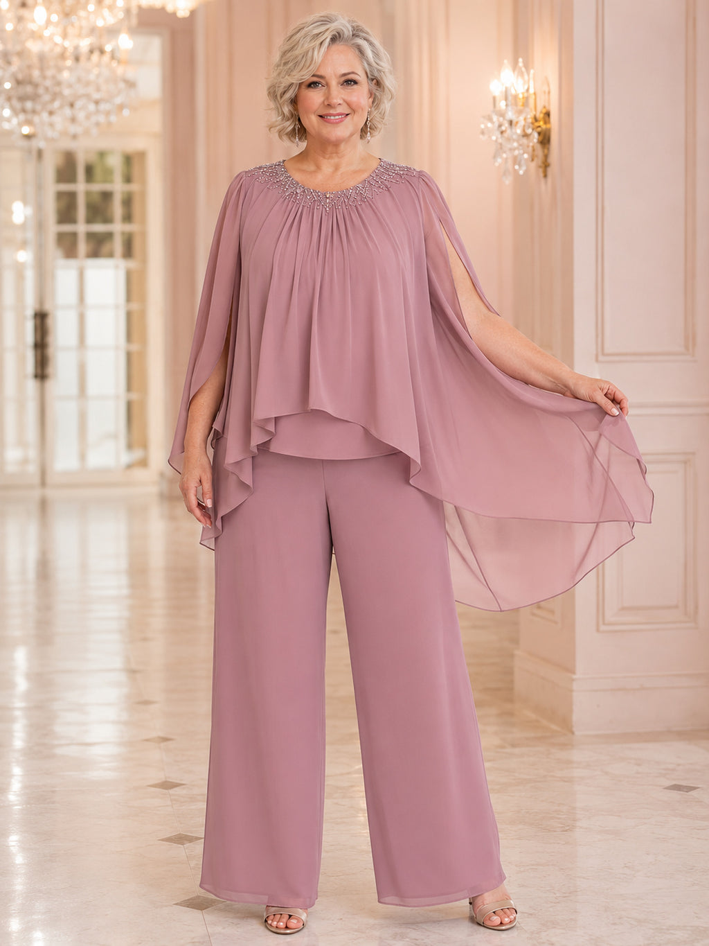 Dusty Rose Plus Size Elegant Palazzo Chiffon Mother of the Bride Pantsuit Gathered Jewel Neck Flowing Cape Overlay Floor Trou