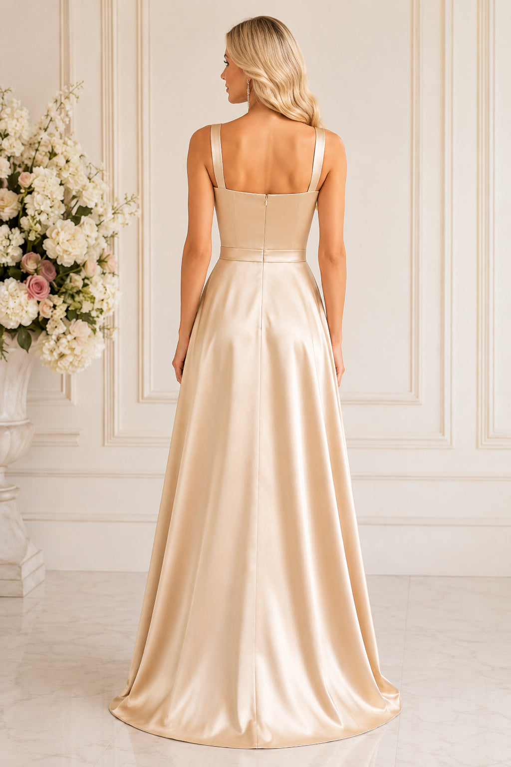 Champagne Square Neck Satin A-Line Floor Length Bridesmaid Dress for Bridesmaids Wedding Guests and Formal Receptions back vi