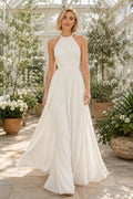 Ivory High Neck Halter Chiffon A-Line Wedding Dress with Open Back and Train front view