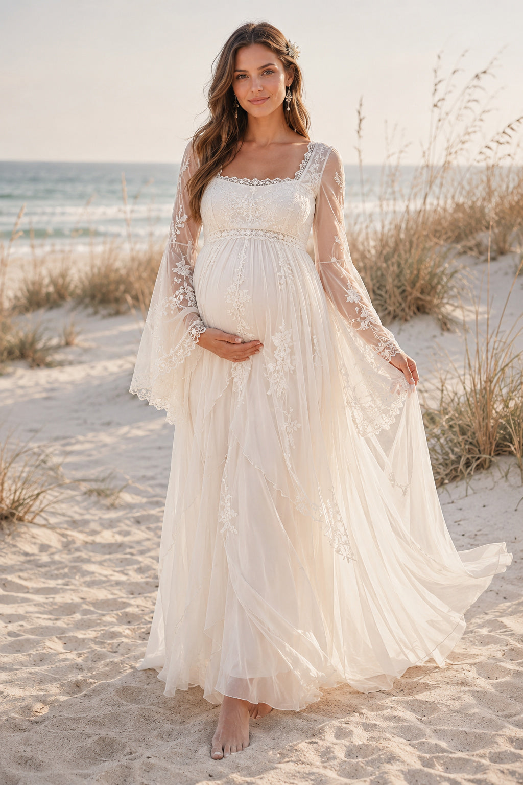 Ivory Square Neck Long Sleeve Maternity Wedding Dress with Soft Tulle Skirt front view