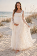 Ivory Square Neck Long Sleeve Maternity Wedding Dress with Soft Tulle Skirt front view