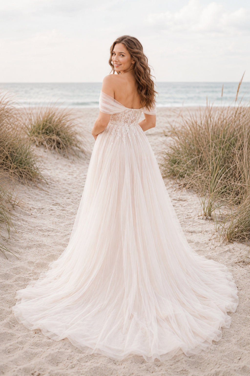 Ivory Maternity Off-the-Shoulder Sweetheart A-Line Wedding Dress with Draped Tulle Train back view