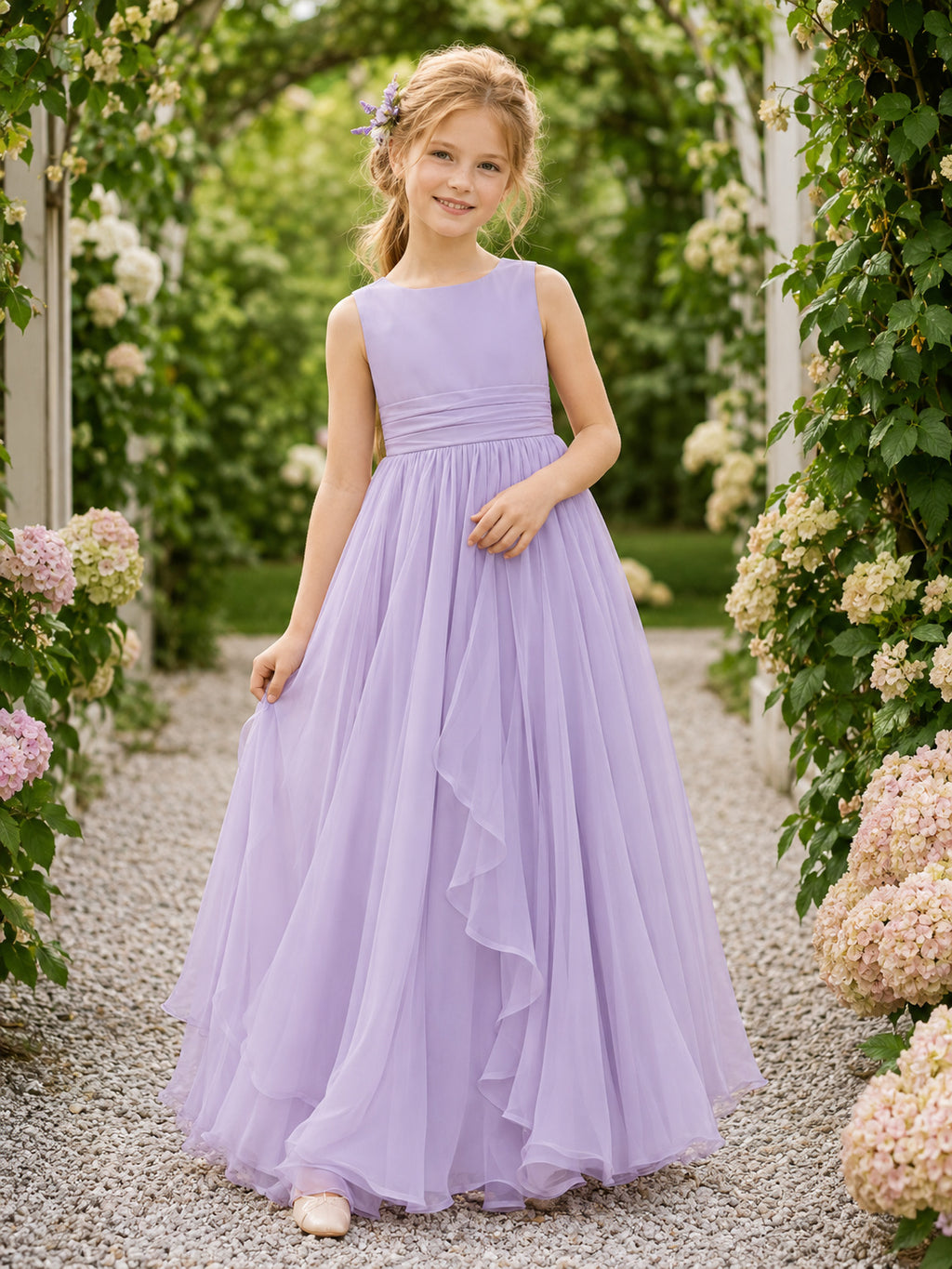 Flower Girl Dress Lavender Tulle A-Line Scoop Neck Floor Length front view