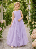 Flower Girl Dress Lavender Tulle A-Line Scoop Neck Floor Length front view