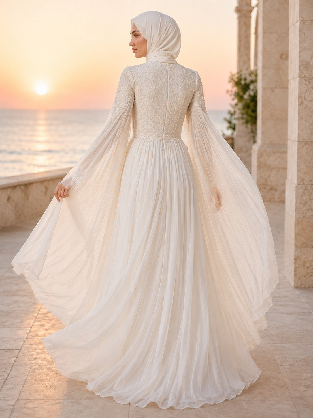 Muslim Chiffon Cape Sleeve High Neck A Line Beach Wedding Dress back view
