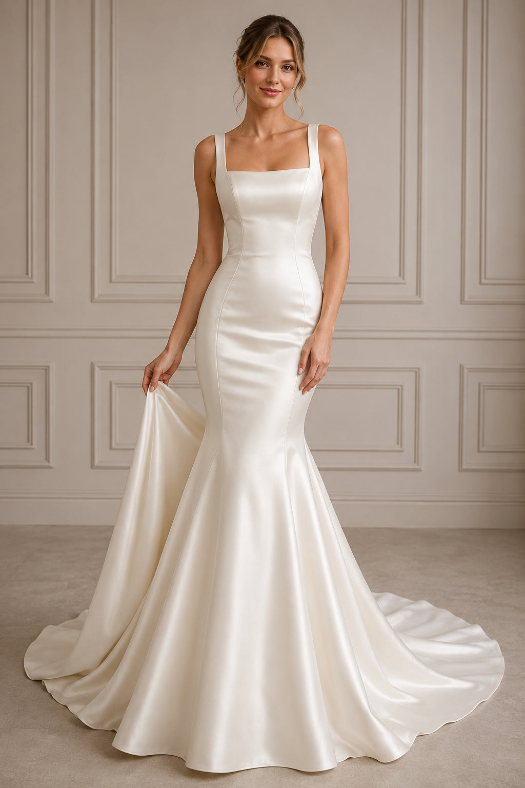Square Neck Satin Mermaid Wedding Dress with Flared Train front view