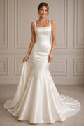 Square Neck Satin Mermaid Wedding Dress with Flared Train front view